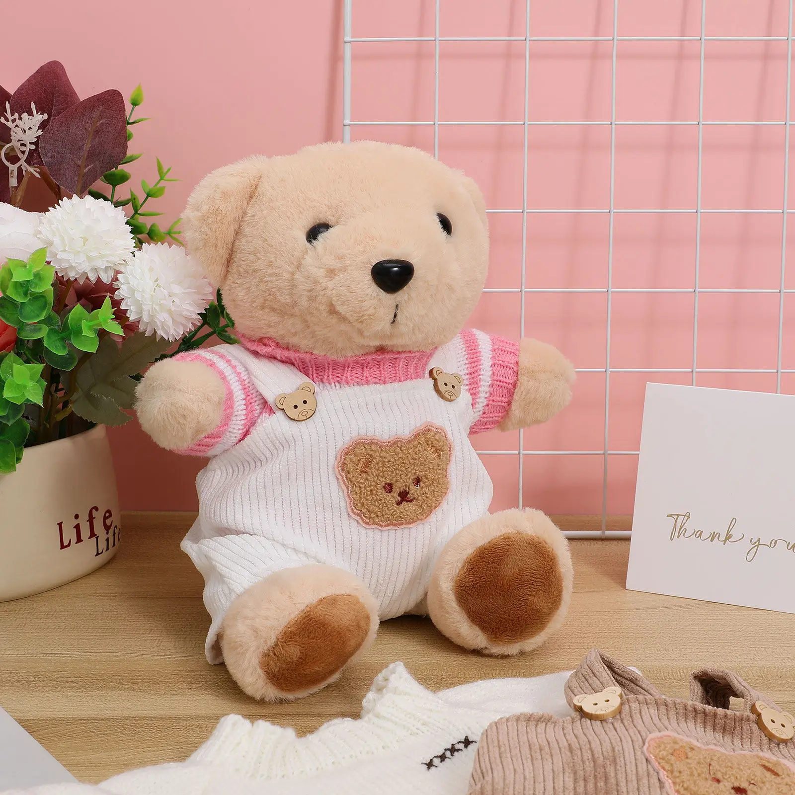 2 세트 박제 동물 옷 곰 의상 스웨터 서스펜더 바지 30Cm 작은 박제 동물 드레싱을 위한 부드러운 원단