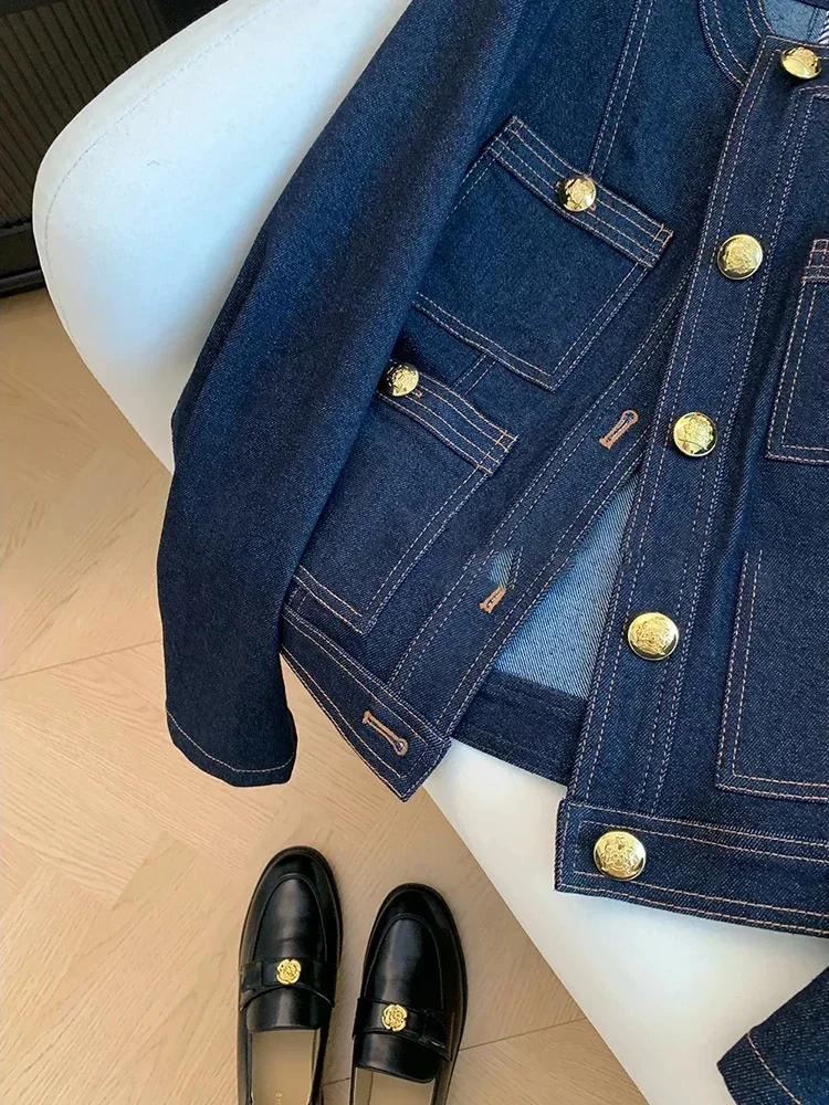 Syiwidii Blue Denim Jacket Women Autumn Classic Style Short Coat 2024 New Korean Fashion Pockets O-Neck Female Loose Jackets 5