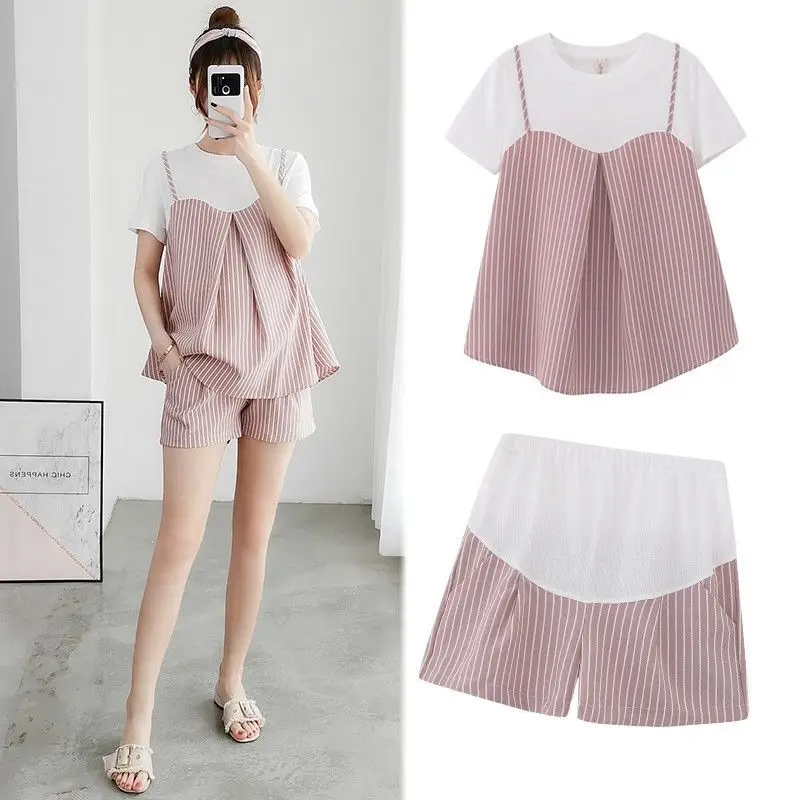 Summer Fashionable Pregnant Woman Clothes Set Striped O Neck T Shirts+Striped Shorts Twinset Maternity Fashion Loose Suit
