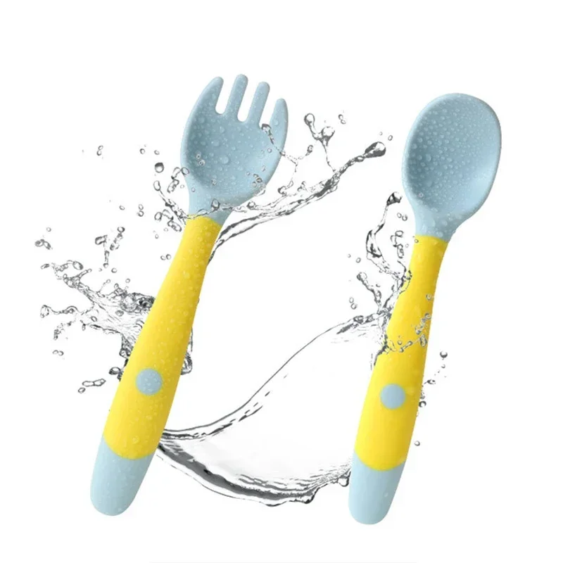 Baby Children Spoon Fork Set Soft Bendable Silicone Scoop Fork Kit Tableware