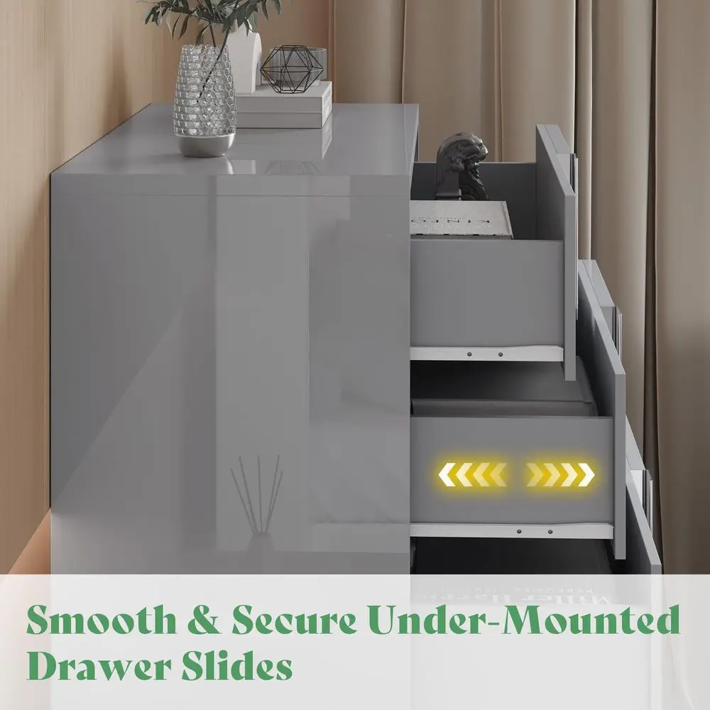 3-Piece Bedroom Set – 2 Nightstands & 6-Drawer High Gloss Dresser 5