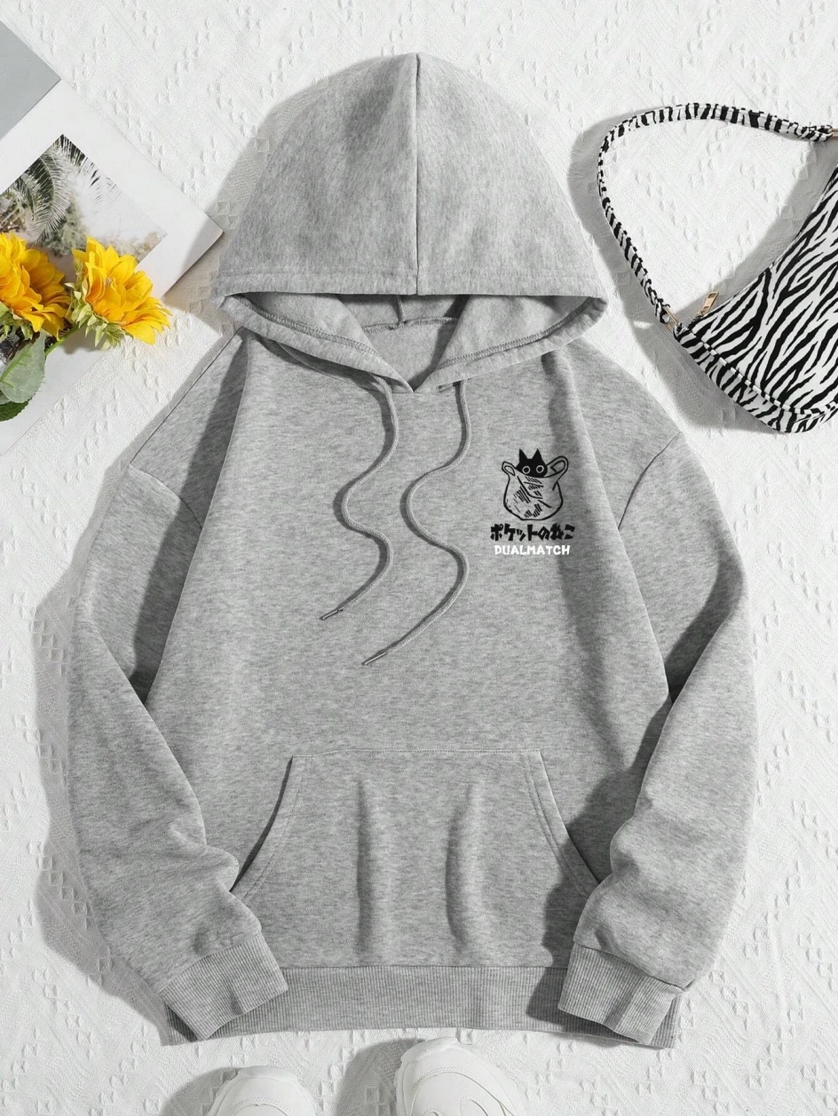 Cute Cat Cartoon Printed Sweatshirt Women Harajuku Casual Loose Hooded Fashion Soft Pocket Hoodies Autumn Warm Female Clothes 4