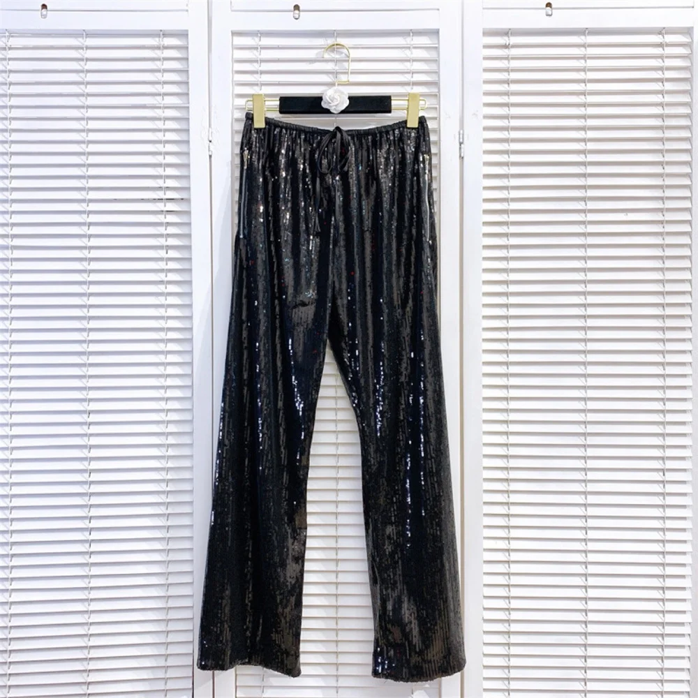

Эластичная талия на шнурке тяжелая промышленность блестки Прямая на ощупь свободная Тонкая Повседневная универсальная широкая штанина