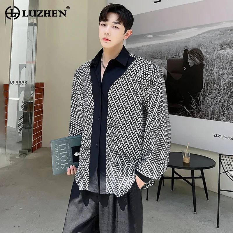 

LUZHEN Elegant Color Contrast Design Long Sleeve Shirts Men's 2024 Fashion New Spring Plaid Loose Handsome Casual Tops LZ3092