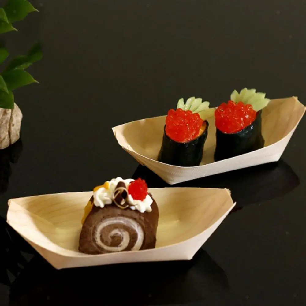 Disposable Sushi Boat Pine Wood Bowl Catering Cake Tool Serving Tray