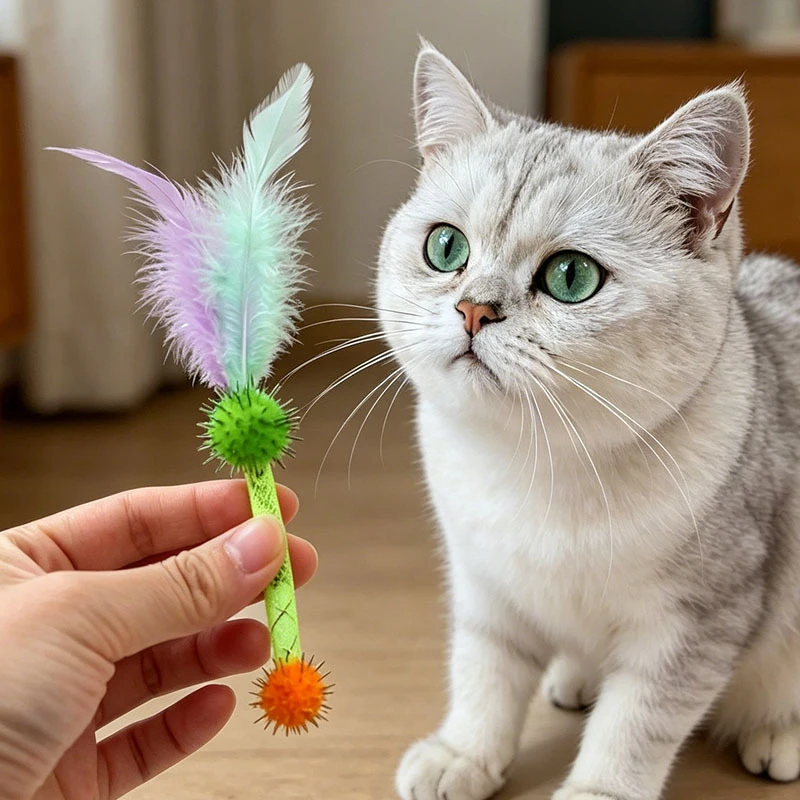 고양이 씹는 탄성 로프 장난감, 고양이 놀리개 막대, 자기 놀이용 지루함 해소 깃털 고양이 장난감, 애완용품