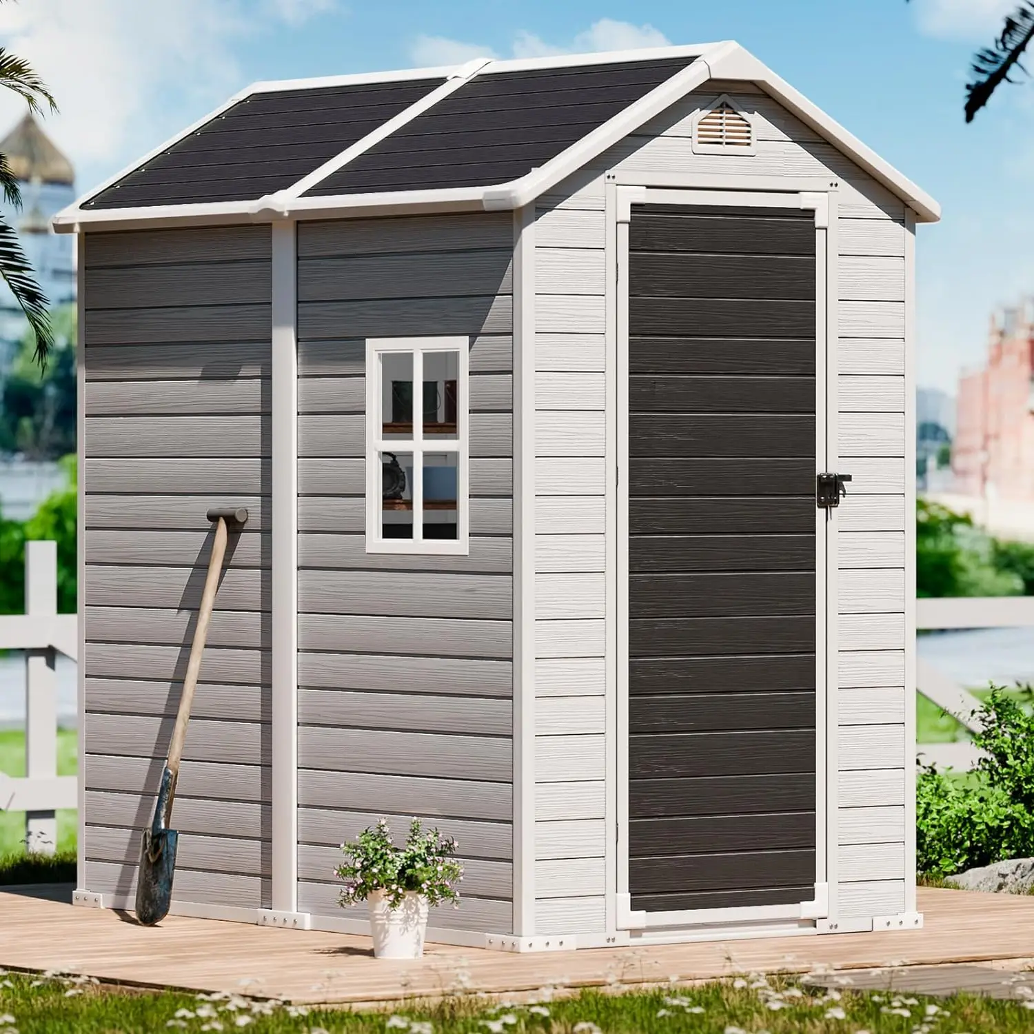 4x6 FT Resin Storage Shed, Waterproof Outdoor Shed with Floor & Lockable Door, Plastic Tool Shed for Backyard, Patio, Dove Grey