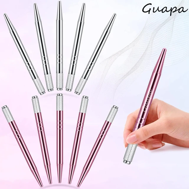 Silver Pink Microblading Pen Permanent Makeup Handle Manual Microblade Tool with 5pcs Nano 18U Blade for