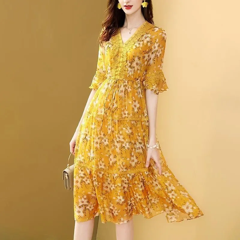 

European Station Imitation Silk Dress 2024 Spring And Summer New V-Neck Rich Lady Imitation Mulberry Silk Midi Skirt N604