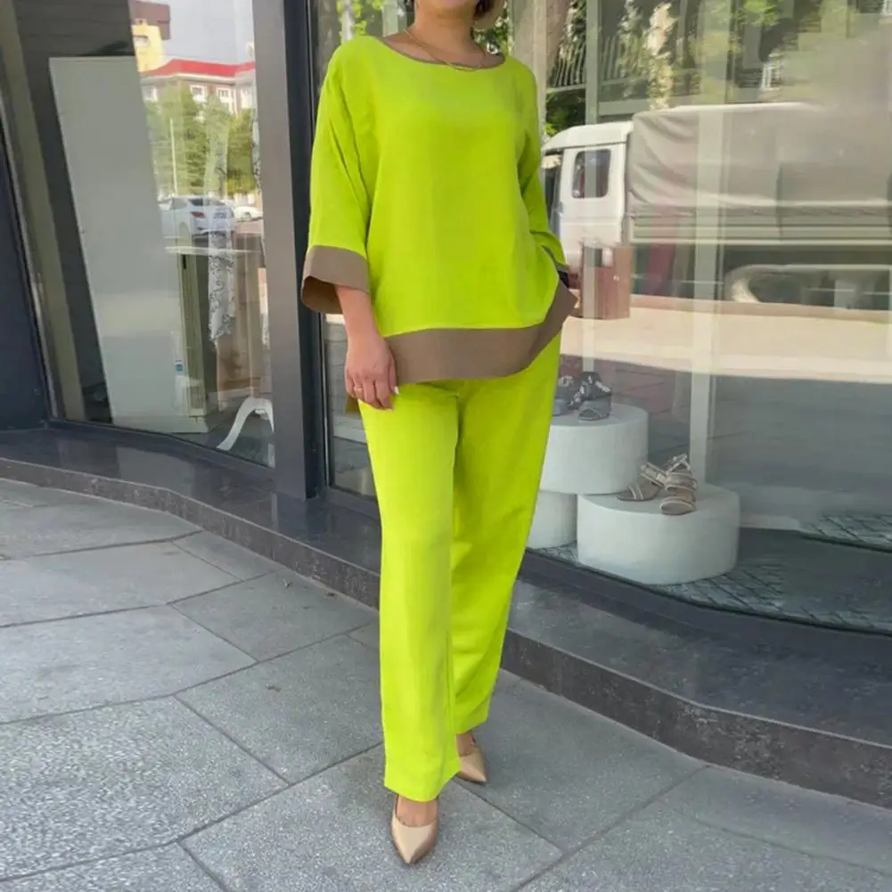 Women Top Slacks Set Stylish Women's Top Pants Set with Round Neck Three Quarter Sleeves Contrast Color T-shirt High for A