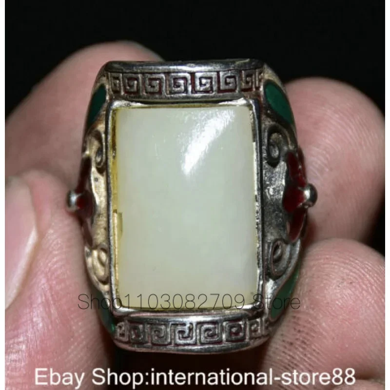 

1.1 Inch Old-Fashioned Chinese Cloisonne Miao Silver Inlaid White Jade Flower Jewelry Ring