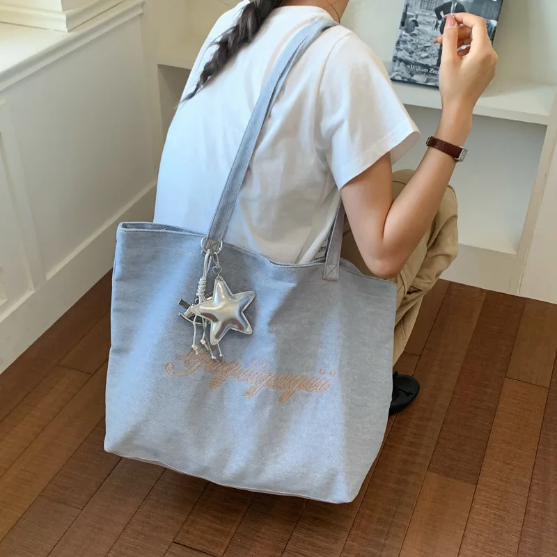 캐주얼 대용량 데님 토트백, 스쿨걸 숄더백, 자수 레터링, 다용도 언더암 퍼스, 일상용