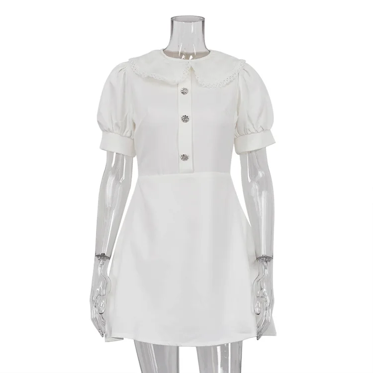 Elegant Slim Mini Dress Women Lace Short Sleeve Doll Collar Button Splice Autumn Fashion Classic Office Dresses Female