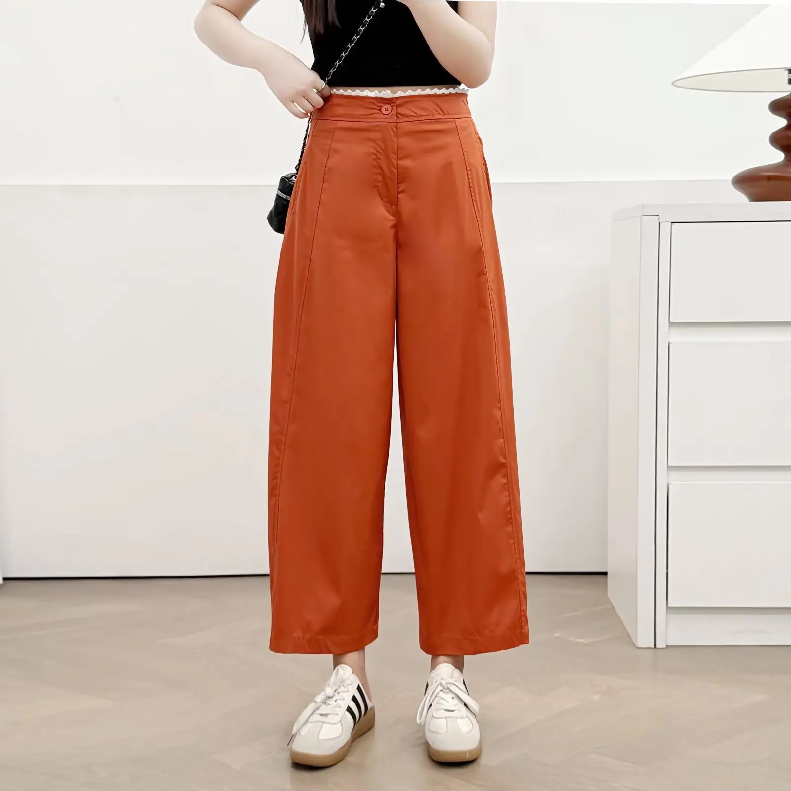 Fashion Plus Size Women's Pants Autumn New Style Lace Waist Casual Ankle Length Wide Leg Bottoms 8517