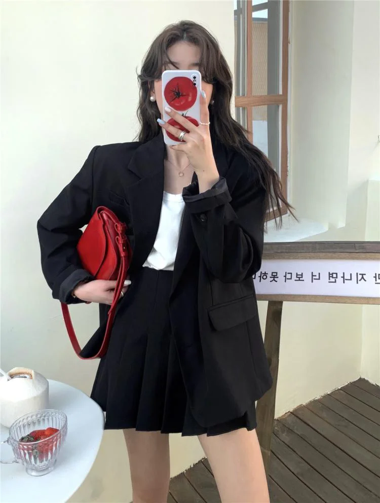 Korean Fashion Solid Two-piece Skirt Set Women Single Breasted Blazer Coat + Pleated Mini Skirt Autumn Office Lady Casual Suits
