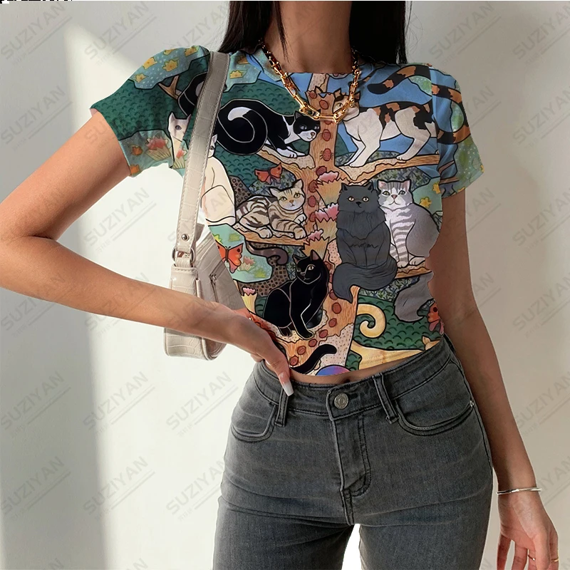 

Hot Selling Women's New Short Sleeve Round Neck T-shirt Animal 3D Printing Temperament Retro Tight Women's Sexy Short Sleeve Top