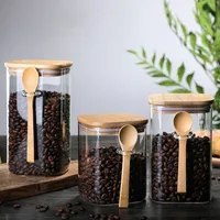 Glass Square Storage Jar with Bamboo Lids Spoon Glass Coffee Canister Food Container for Beans Pasta Candy Spice Rice Loose Tea 1