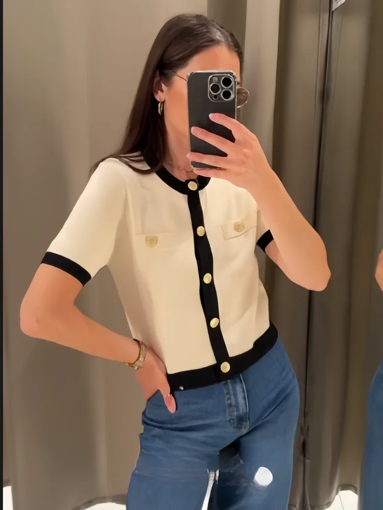 Spring New Women's Fashion and Elegance Slim Fit Versatile Knitted Spliced Short sleeved Coat