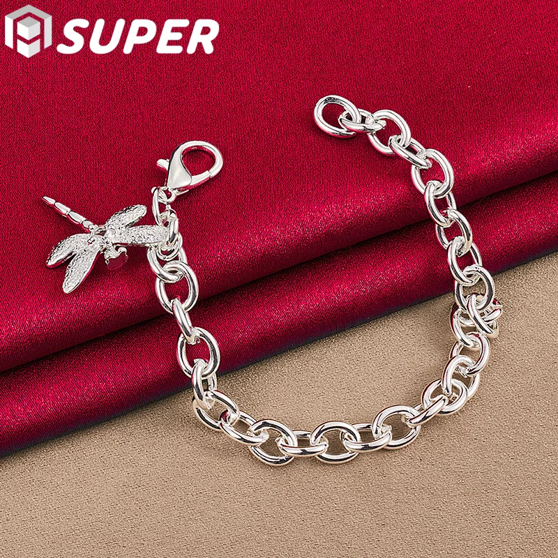

925 Sterling Silver Dragonfly Pendant Bracelet Thick Chain For Man Women Wedding Engagement Party Fashion Jewelry