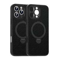 Premium Carbon Fiber Texture Phone Case with Magnetic Ring Stand and Wireless Charging Compatibility for iPhone 16 Pro (Black)