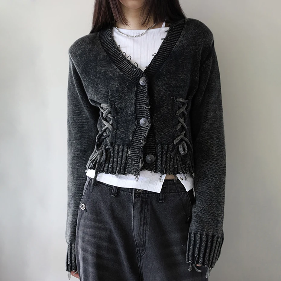 

90s Grunge Streetwear Sweater Vintage Knitted Jackets Lace Up Crop Cardigans Women V-neck Y2K Sweater Coats Fall Winter