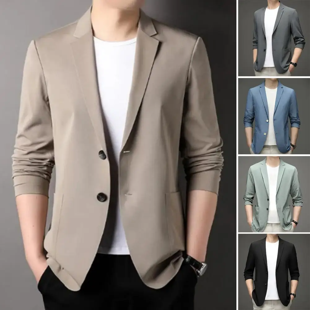Men's Summer Formal Business Blazer Long Sleeves Double Buttons Straight Pockets Cardigan Loose