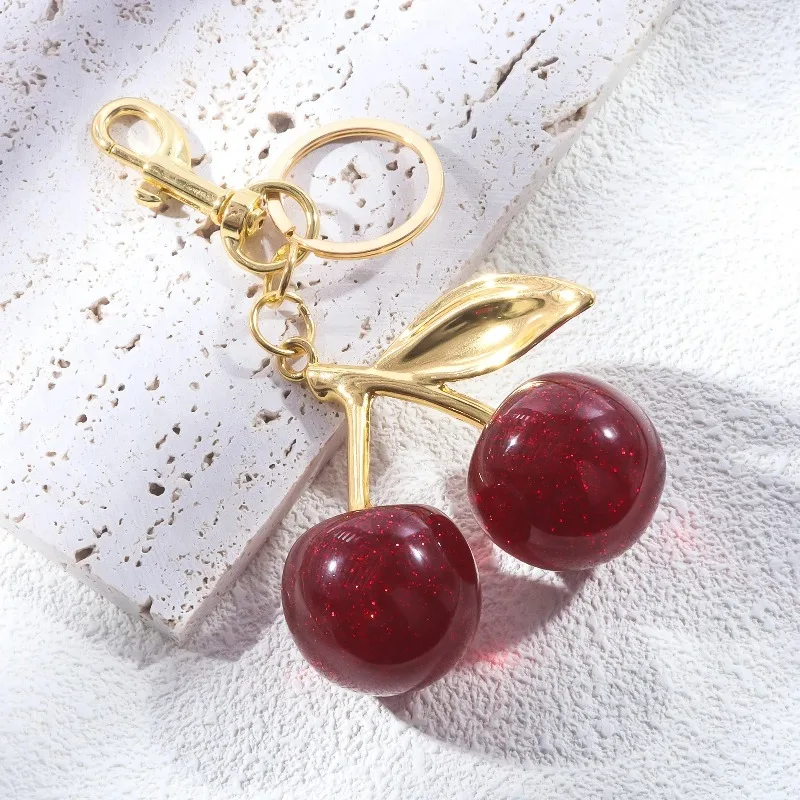 Fashion Cherry Charm Pendant Keychain for Women Red Crystal Fruit Design