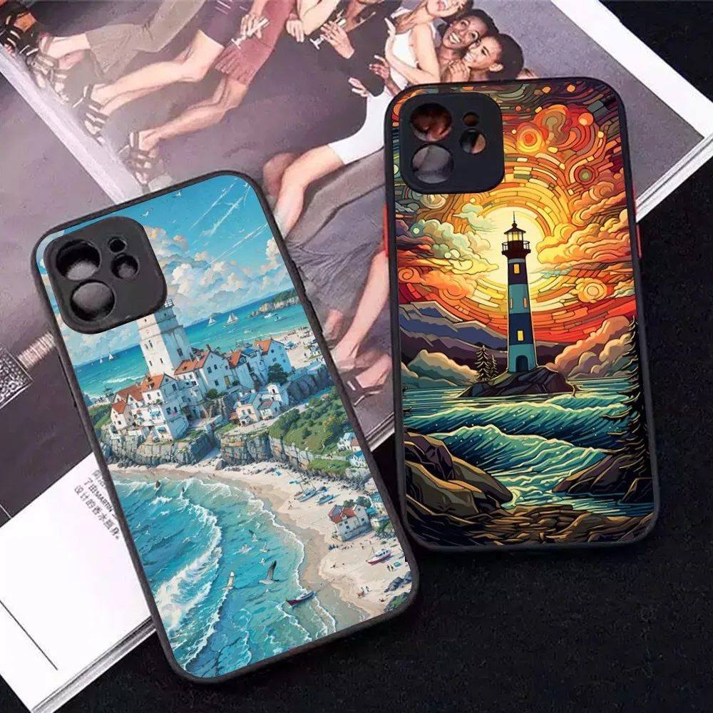 

Hand Painted Lighthouse Phone Case for iPhone 14 11 12 13 Mini Pro Max 8 7 Plus X XR XS MAX Translucent Matte Cover