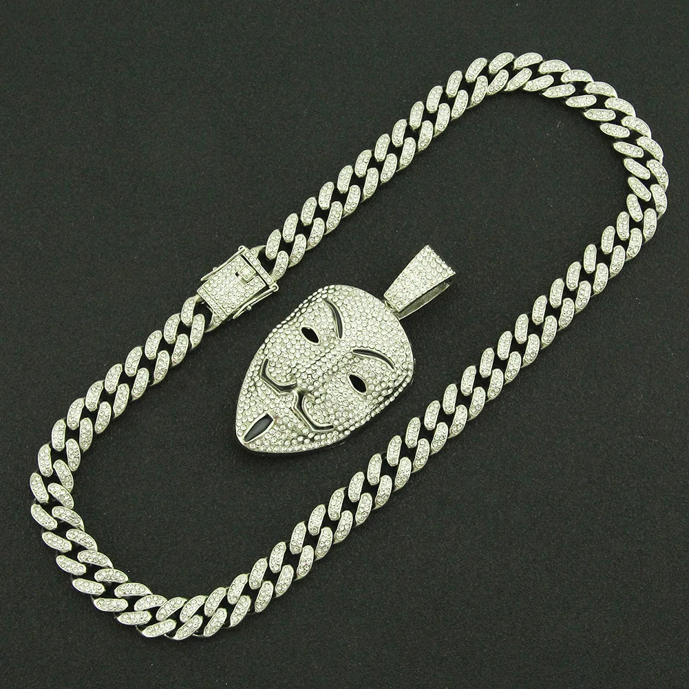 

Hip Hop Iced Out Cuban Chains Bling Bling Diamond Mask Man Pendant Mens Necklaces Miami Gold Chain Charm Jewelry for Men Choker
