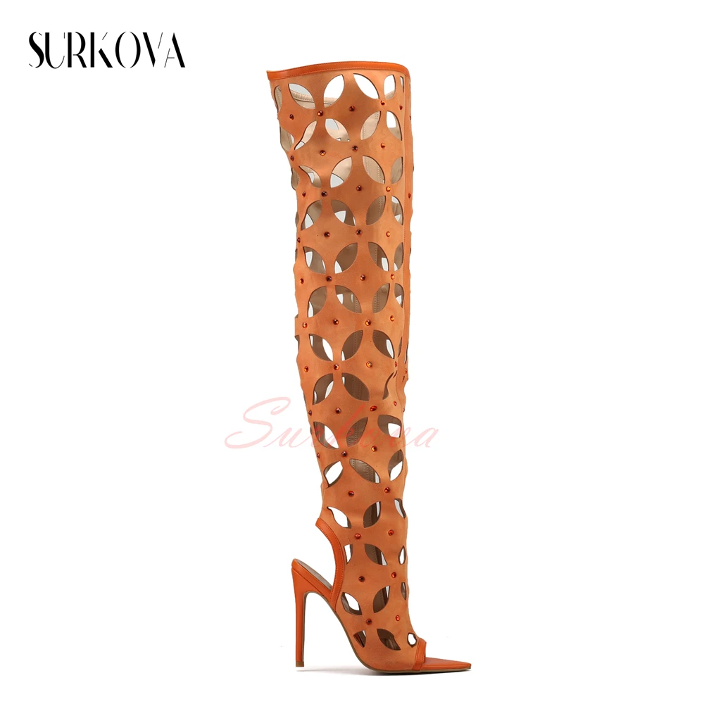 

Rhinestones Cutout Over The Knee Boots Solid Pointed Open Toe Sandals and Boots Women's Sexy Stilettos Fashion High Heel Boots