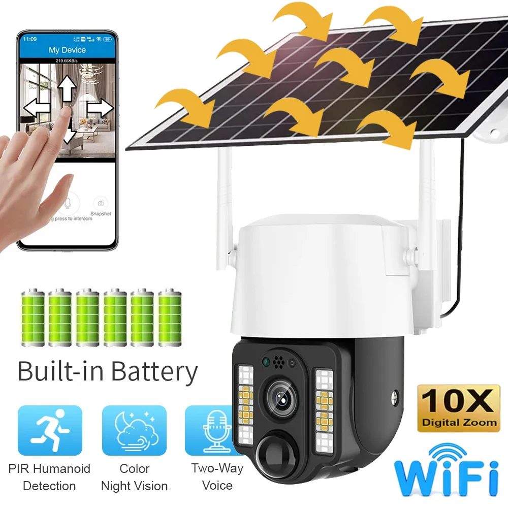 5MP WiFi Solar Battery Camera PTZ Outdoor PIR Human Detection Color ...