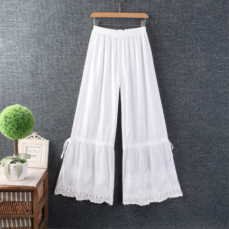 Summer Japan Style Mori Girl Embroidery Cotton and Linen Wide Leg Pants Women Elastic Waist Casual Loose Vintage Pants