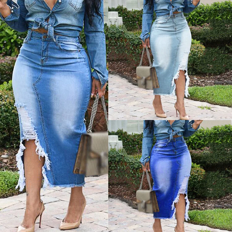 

Women's buttocks wrapped denim mid length half length skirt