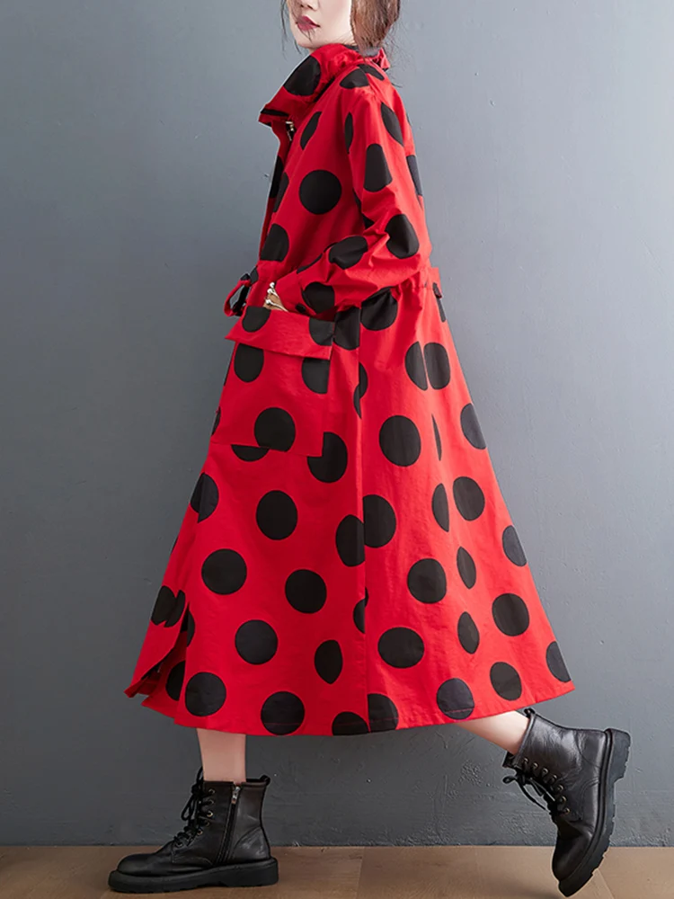 2025 Autumn Winter Oversized Polka Dot Long Trench Coat For Women Clothes Stand Collar Drawstring Fashion Casual Loose Outerwear