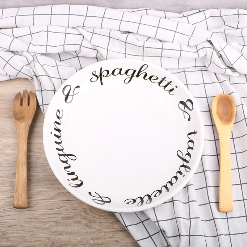 Unique 12.6 Inches Large Ceramic Plate Salad Soup Plate with Letter Pattern Design Includes Premium Acacia Wood Fork and Spoon