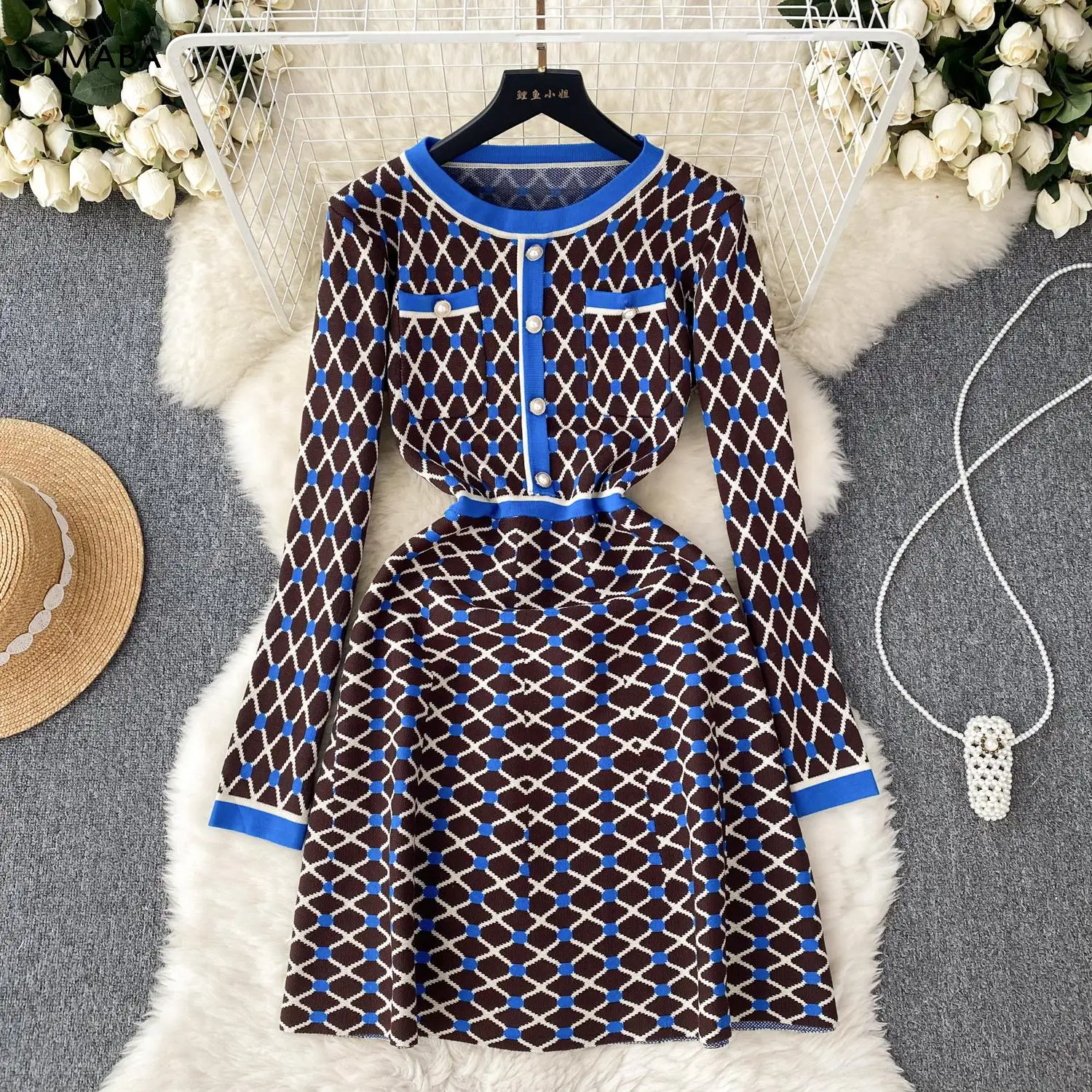 

Y2k Knitted Mini A-line Dress Women Autumn/winter New Long Sleeve O-neck Vintage Plaid Stretch Slim Midi High Grade Dress Robe