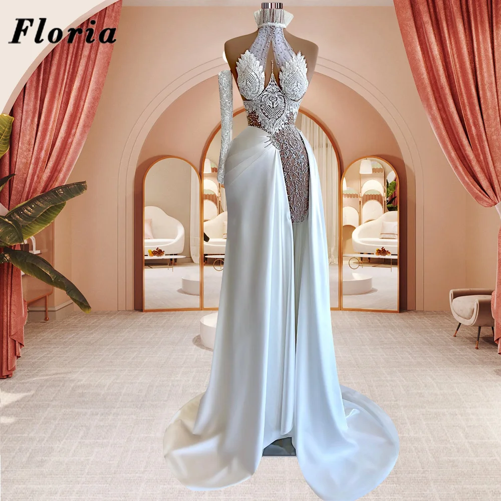 

Floria Arabic Elegant Halter Beading Evening Gowns Plus Size Satin Long Women Prom Dress Vestido De Noche Dubai Party Dresses