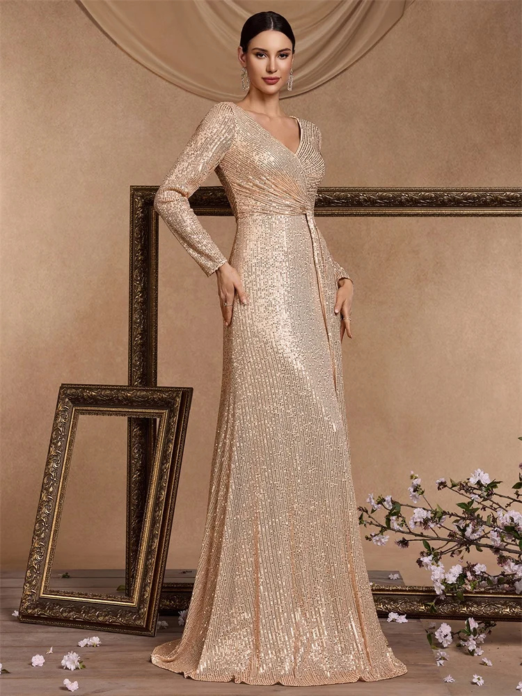 Long Sleeve Party Maxi Dresses BLUEPLUM Luxury Gold Floor Length V