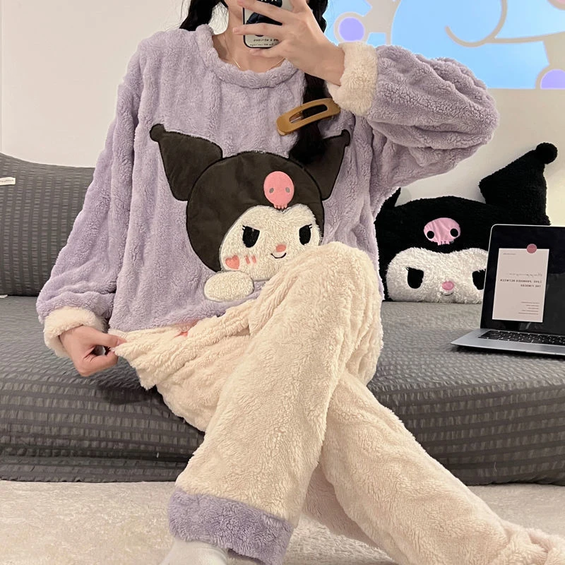 

2PCS Sanrio Kuromi Pompompurin Cinnamoroll Pochacco Thickened Warm Pajamas Home Heating Set Winter Long Sleeved Homewear Suit