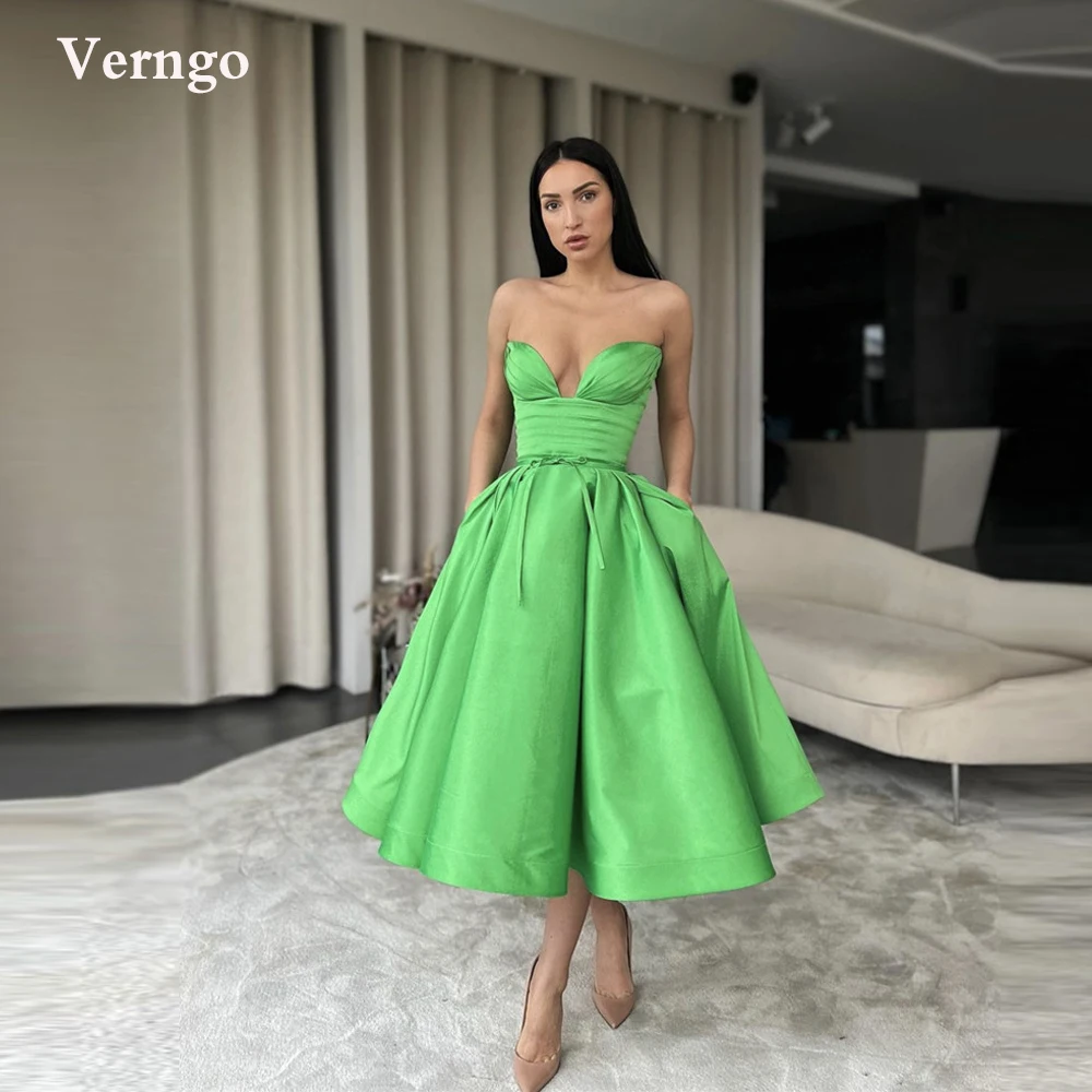 

Verngo 2022 Bright Green Satin A Line Prom Dresses Sweetheart Tea Length Simple Modern Evening Party Gowns With Pockets