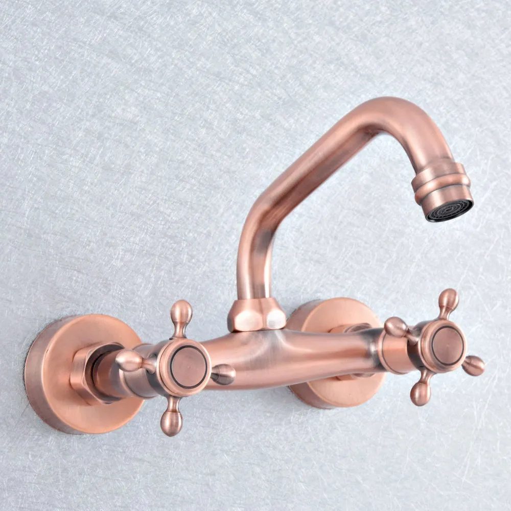 

Antique Red Copper Brass Wall Mount Basin Faucet Double Handle Kitchen Bathroom Faucet 360 Degree Rotation Wash Basin Water Tap