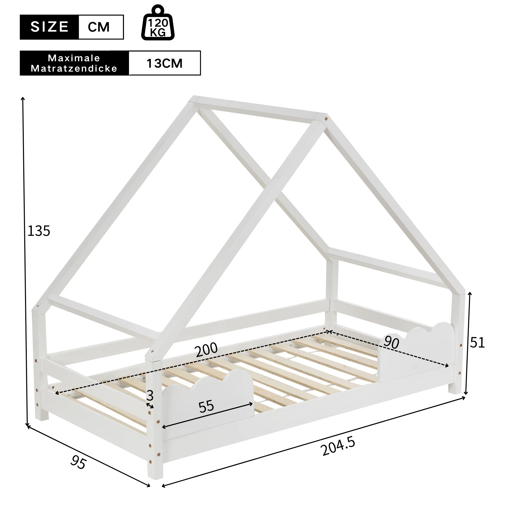 KOMHTOM Massivholz Hausbett Kinderbett Jugendbett Spielbett 90x200cm mit Rausfallschutz – Detail 8