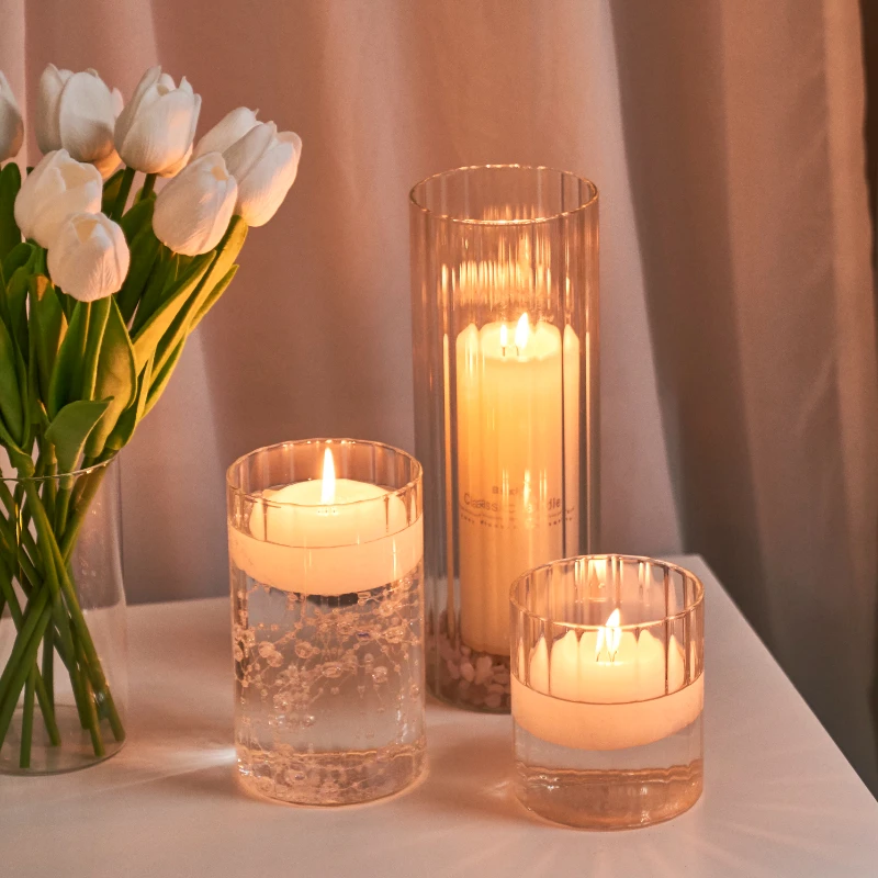 Candle Holders Ribbed Cylinder Glass Candle Holder Home Decor Pillar Candles Glass Vase Floating Candle Wedding Ornaments Tealight Candlestick
