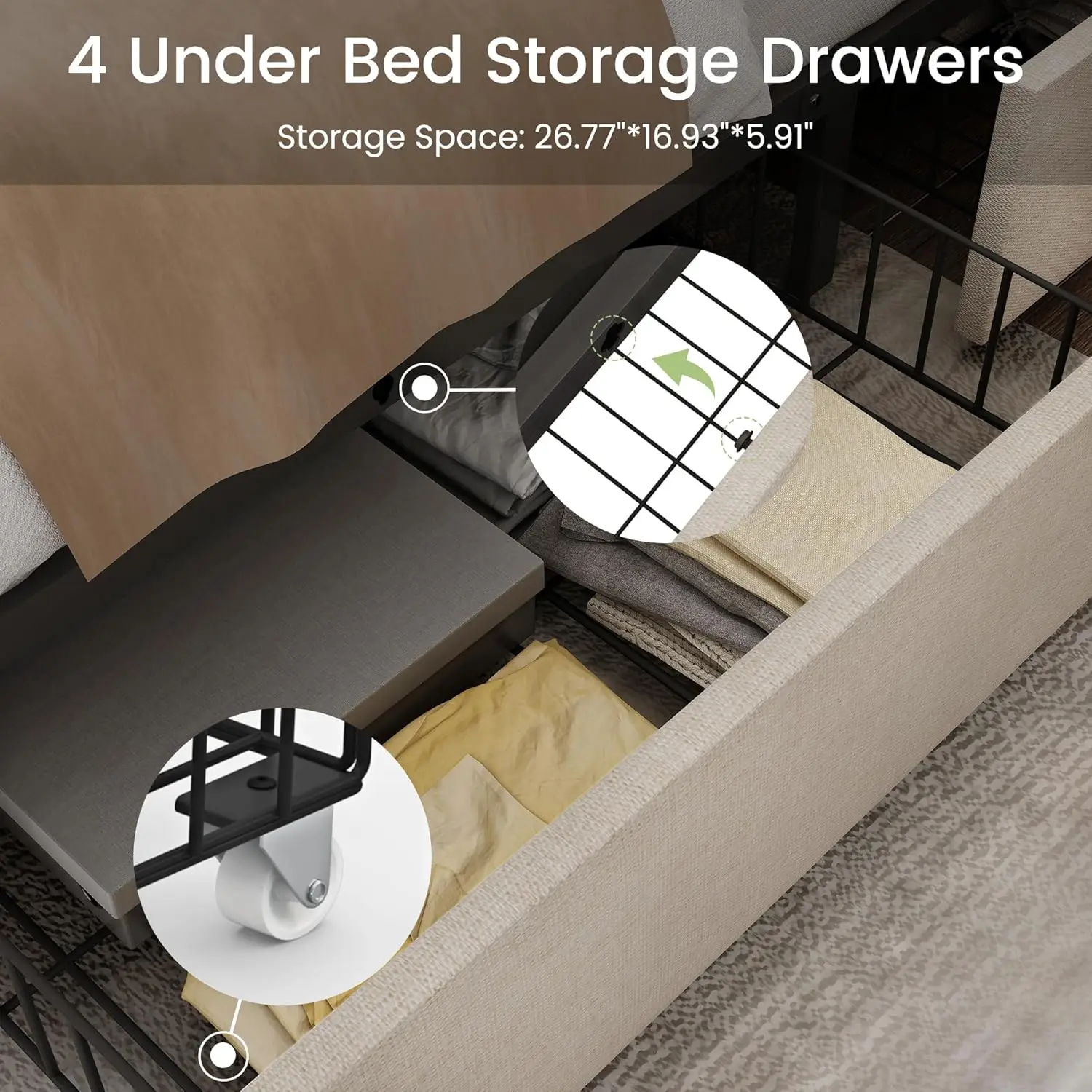 King Size Platform Bed Frame with 4 Storage Drawers and Headboard Linen Upholstered Bed Frame Tufted Beds , Beige 3