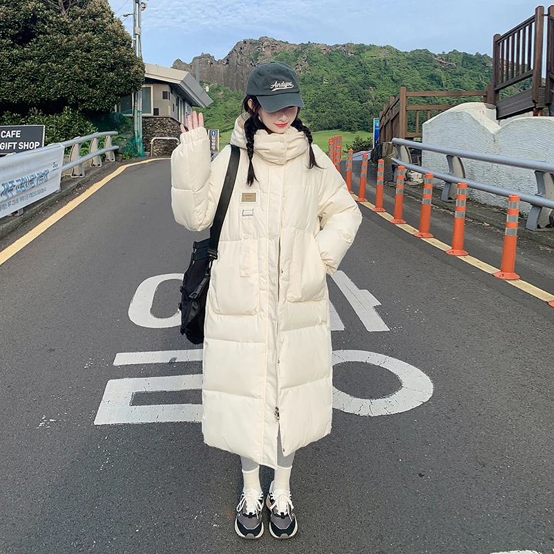 

Gaodinglan Large Size Down Cotton Women Parkas Long Sleeve Solid Color Thick Warm Long Jacket Temperament Padded Outwear Coat