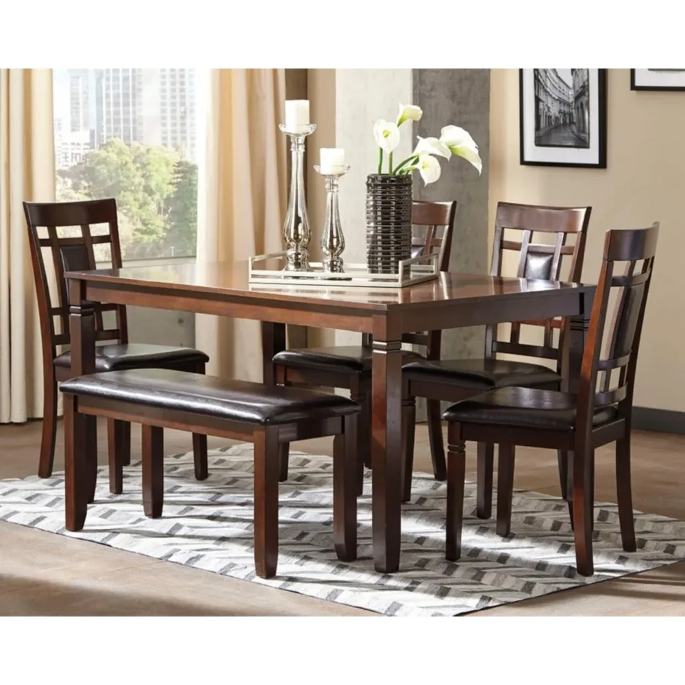 Retro Wooden Furniture modern 6 Piece Dining Set, Includes Table, 4 Chairs & Bench dinning table set