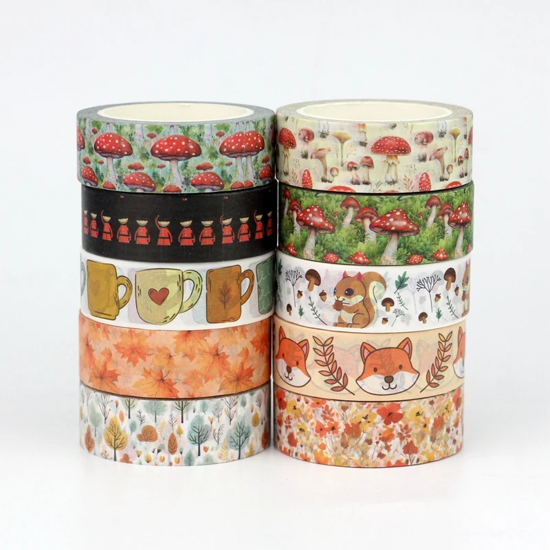 NEW 1PC 10M Decor Mushroom Squirrel Orange Leaves Autumn Washi Tape Set for Scrapbooking Masking Tape Cute Journaling Stationery 3