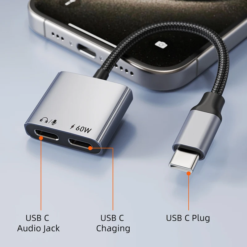USB C to Dual USB C Headphone & Charger Adapter - 2-in-1 PD 60W Fast Charging Aluminum Adapter with Hi-Fi Audio