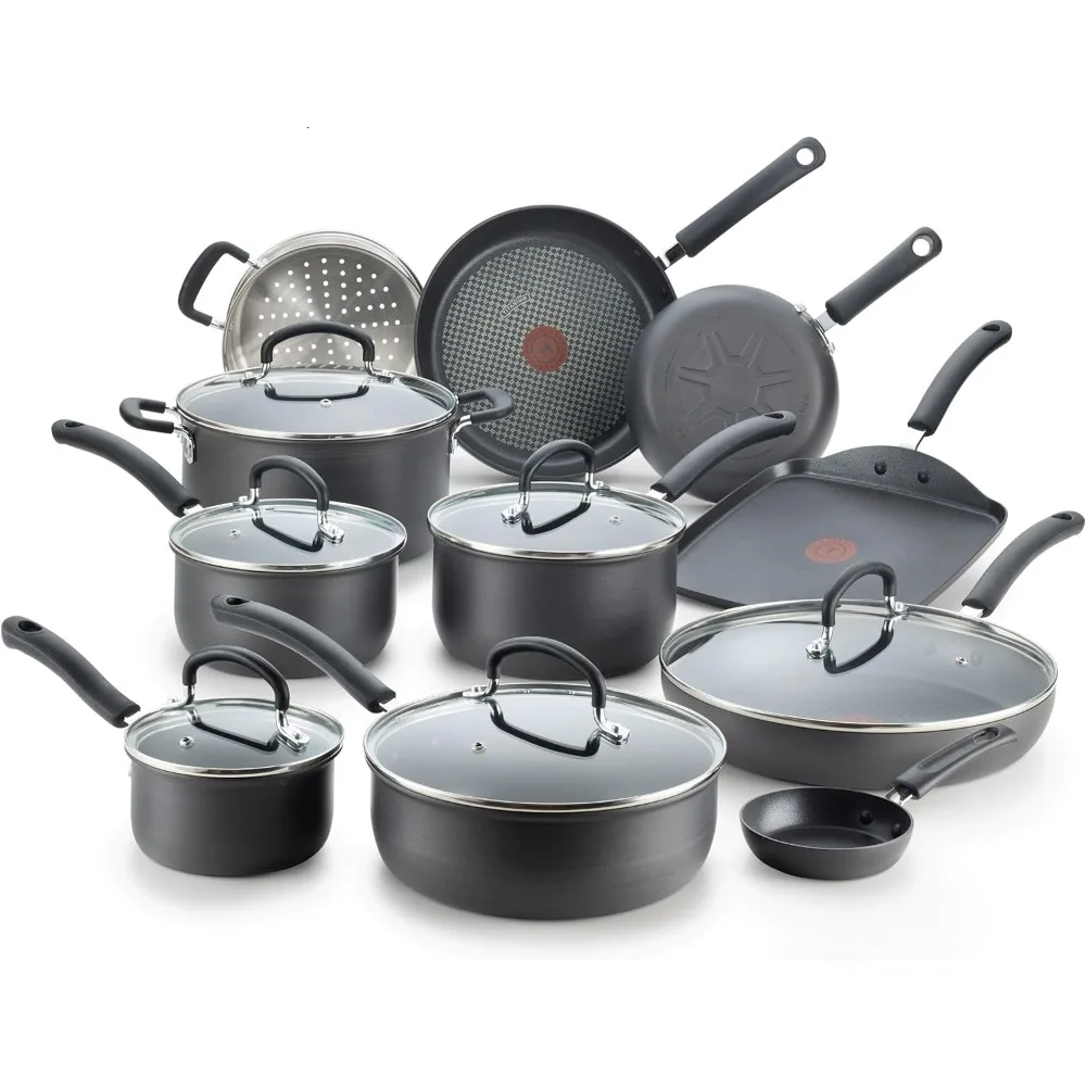 

Комплект твердой анодированной антипригарной посуды T-fal Ultimate из 17 предметов для духовки Broiler Safe 400F, черные кастрюли и сковороды 350F с крышкой