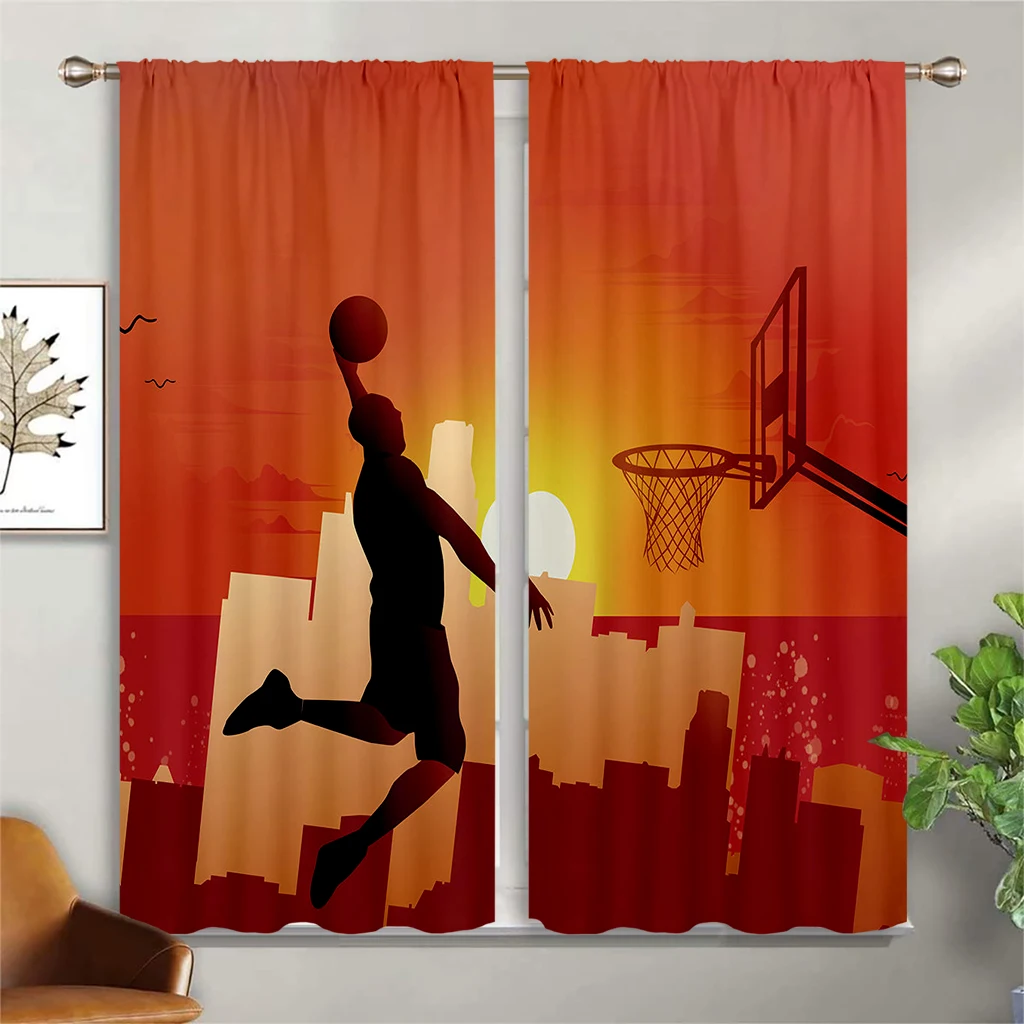 

Hand Drawn Illustration Watercolor Basketball Sports Print Curtains, Bedroom, Living Room, Kitchen Decoration Curtains 2pcs